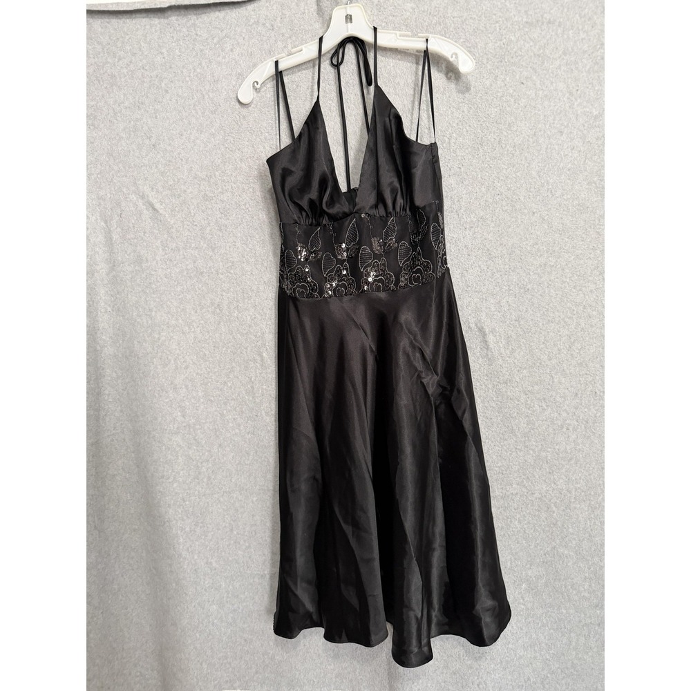 Halter Dress Womens M Black Satin Sequin Waist Fit & Flare Midi Party Cocktail